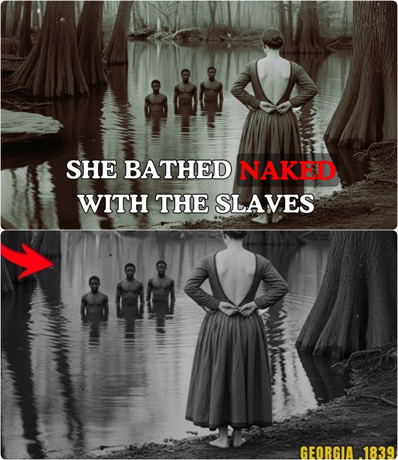 The plantation owner’s wife was bathing naked in the pond behind the house when three male slaves suddenly appeared. They unleashed their anger on their mistress. The incident shocked the entire region of Georgia.