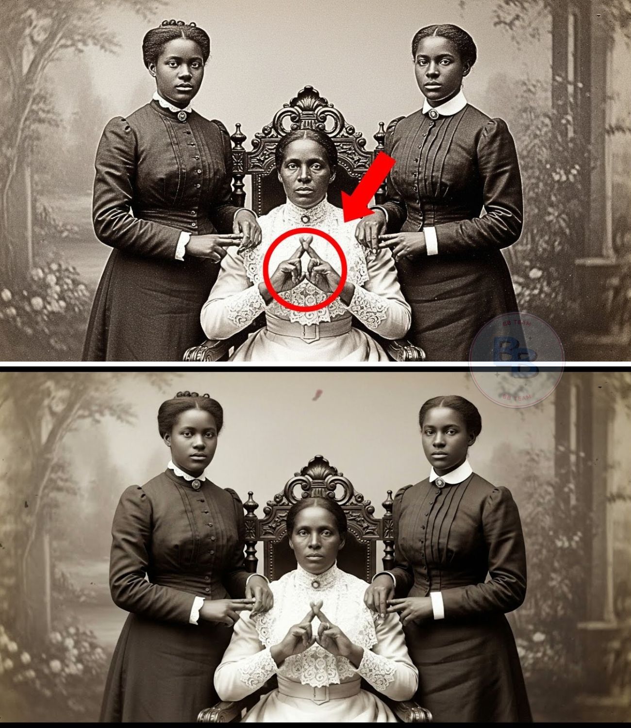 It was just a portrait of a mother and her daughters — but look more closely at their hands.