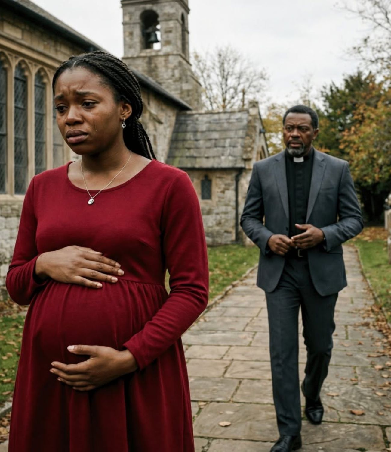 Part 2: Pastor Secretly Follows a Pregnant Church Member After Service… What He Finds Behind One Rusted Gate Leaves Him Frozen  Blessing glanced toward the church entrance before speaking again.  “I followed her once.”  Pastor Abel looked up.  “You did?”  She nodded.  “Only for a few minutes. She noticed me almost immediately.”  “What happened?”  Blessing folded her arms tightly.  “She panicked.”  The answer surprised him.  “Panicked?”  “Not annoyed. Not angry.”  “Terrified.”  Blessing’s voice became quieter.  “She begged me not to follow her.”  Pastor Abel frowned.  “Did she say why?”  “No.”  “She just kept saying, ‘Please… if you’re kind, let me go alone.'”  Silence settled between them.  Emmanuel finally shrugged.  “Maybe she’s escaping an abusive husband.”  Blessing slowly shook her head.  “I’ve worked with abused women before.”  “This felt different.”  “She wasn’t afraid of one person.”  “She looked afraid of being found.”  For the rest of the afternoon, Pastor Abel tried to focus on paperwork.  Baptism requests.  Wedding schedules.  Hospital prayer visits.  Nothing stayed in his mind.  Again and again he saw Ruth sitting alone in the last row.  Those frightened eyes.  Those protective hands over her unborn child.  By evening he had made up his mind.  Next Sunday…  he would follow her.  Not to invade her privacy.  Not out of curiosity.  Only to make sure she arrived home safely.  That was what he kept telling himself.  The following Sunday came with heavy gray clouds.  Rain threatened but never fell.  The service ended just after noon.  Just as before…  Ruth stood before the final prayer had finished.  She slipped quietly through the side exit.  Pastor Abel waited exactly thirty seconds.  Then he handed his Bible to Emmanuel.  “I’ll be back shortly.”  Outside, Ruth was already halfway down the road.  She walked surprisingly fast despite her pregnancy.  She never looked behind her.  Not once.  Instead…  she kept checking reflections.  Store windows.  Parked cars.  Glass bus shelters.  Anyone watching closely would think she was simply looking around.  But Pastor Abel recognized the pattern immediately.  She wasn’t sightseeing.  She was making sure nobody was following.  He stayed nearly fifty meters behind.  Far enough not to alarm her.  Close enough not to lose sight of her.  They crossed three busy streets.  Passed an open-air market.  Walked beyond the neat neighborhoods surrounding the church.  Gradually the buildings changed.  Fresh paint disappeared.  Roads narrowed.  Drainage ditches overflowed.  Children played barefoot beside broken fences.  The air smelled of smoke and stagnant water.  Finally Ruth turned into an old settlement Pastor Abel had only driven past before.  Tin roofs.  Cracked walls.  Rusted gates.  Stray dogs sleeping beneath abandoned vehicles.  She never slowed.  Until she reached the very last compound at the end of a dirt road.  An old rust-colored metal gate stood before it.  Almost hidden beneath climbing vines.  Ruth stopped.  Looked left.  Looked right.  Then knocked.  Not normally.  Three quick knocks.  Pause.  Two slow knocks.  Another pause.  One final knock.  A pattern.  The gate opened only a few inches.  Someone inside looked out.  Pastor Abel couldn’t see the person’s face.  Only a hand.  After a few seconds…  the gate opened just wide enough for Ruth to slip inside.  Then it shut immediately.  Locked.  Pastor Abel remained where he was.  His heartbeat had begun to race.  Why would someone need a secret knock…  just to enter their own home?  He was about to leave.  This had already gone farther than he intended.  Then…  he heard it.  A scream.  Not loud.  Not long.  But unmistakable.  A woman’s scream.  It came from somewhere inside the compound.  Then silence.  Pastor Abel froze.  Another sound followed.  A heavy metallic bang.  Then a baby crying.  Then…  nothing.  Every instinct told him to call the police immediately.  His hand reached for his phone.  But before he could dial…  the gate opened again.  Two enormous men stepped outside.  Both dressed entirely in black.  One carried a wooden crate.  The other slowly scanned the empty road.  Pastor Abel quickly stepped behind a broken delivery truck parked nearby.  The men remained outside for nearly a minute.  Watching.  Listening.  Searching.  Finally they went back inside.  The gate slammed shut.  Pastor Abel waited another five minutes before quietly approaching.  The compound looked abandoned.  No signs.  No company name.  No family photographs.  Nothing.  Only the rusted gate.  As he turned to leave…  something caught his eye.  Lying beside the drain…  half-covered in mud…  was a small silver pendant.  He picked it up carefully.  The front showed a tiny cross.  The back had words scratched by hand.  “To Ruth and our little miracle. — Daniel.”  Pastor Abel stared at the engraving.  Someone loved her.  Someone had been waiting for that baby.  Then why…  was she hiding like a prisoner?  Just as he slipped the pendant into his pocket…  a deep voice spoke behind him.  “Pastor…”  His blood ran cold.  Slowly…  he turned around.  One of the men in black was standing only a few feet away.  Smiling.  “You’ve been asking a lot of questions…”  The smile widened.  “…and that’s becoming very dangerous.”