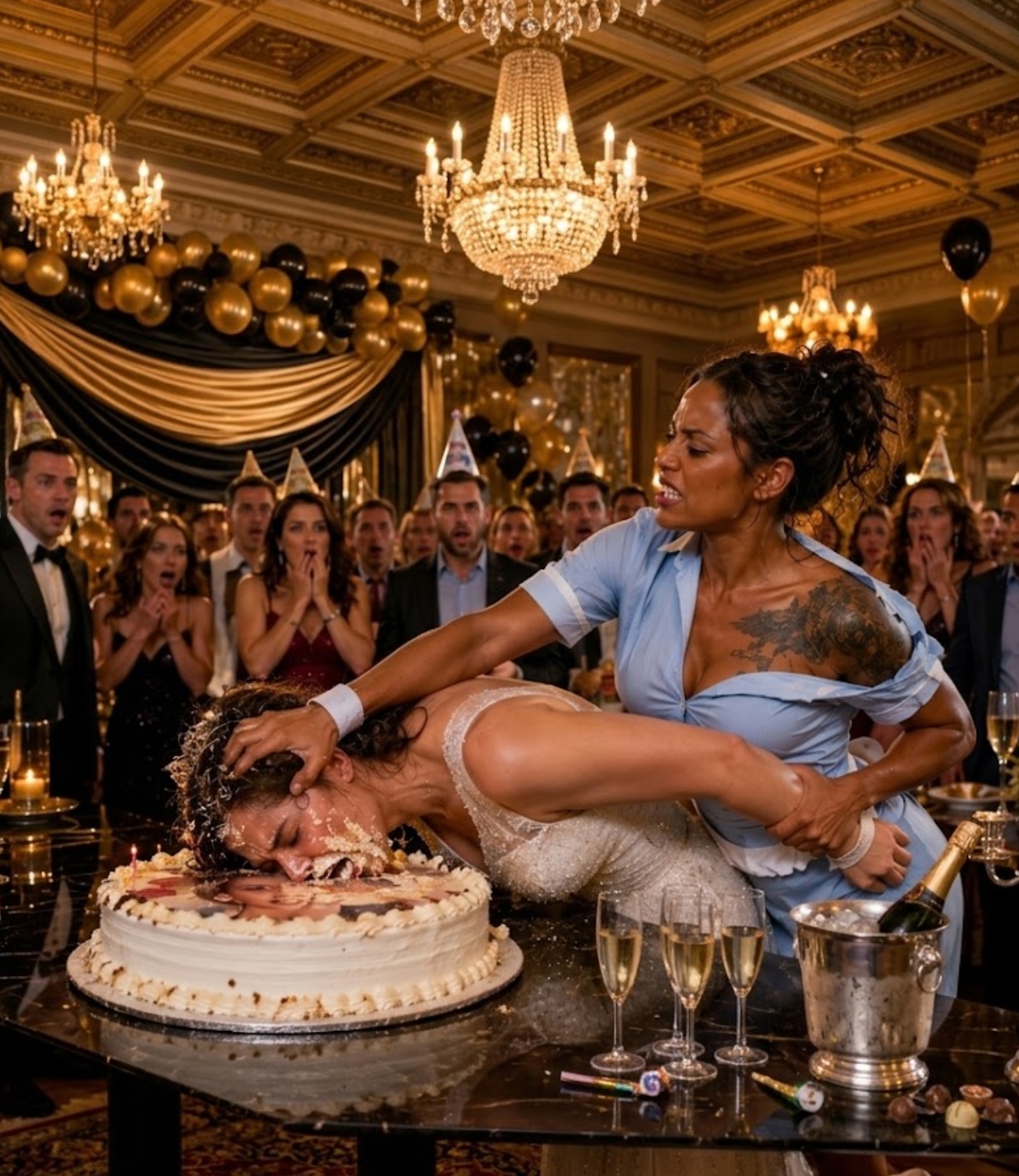 “The Maid Slammed the Billionaire’s Fiancée Into His Birthday Cake—Then Everyone Saw the Shocking